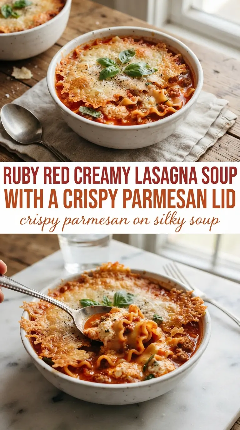 Creamy Lasagna Soup rich tomato broth, savory sausage, Parmesan topping
