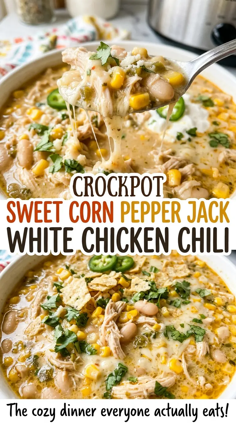 Crockpot Sweet Corn Pepper Jack White Chicken Chili creamy pepper jack