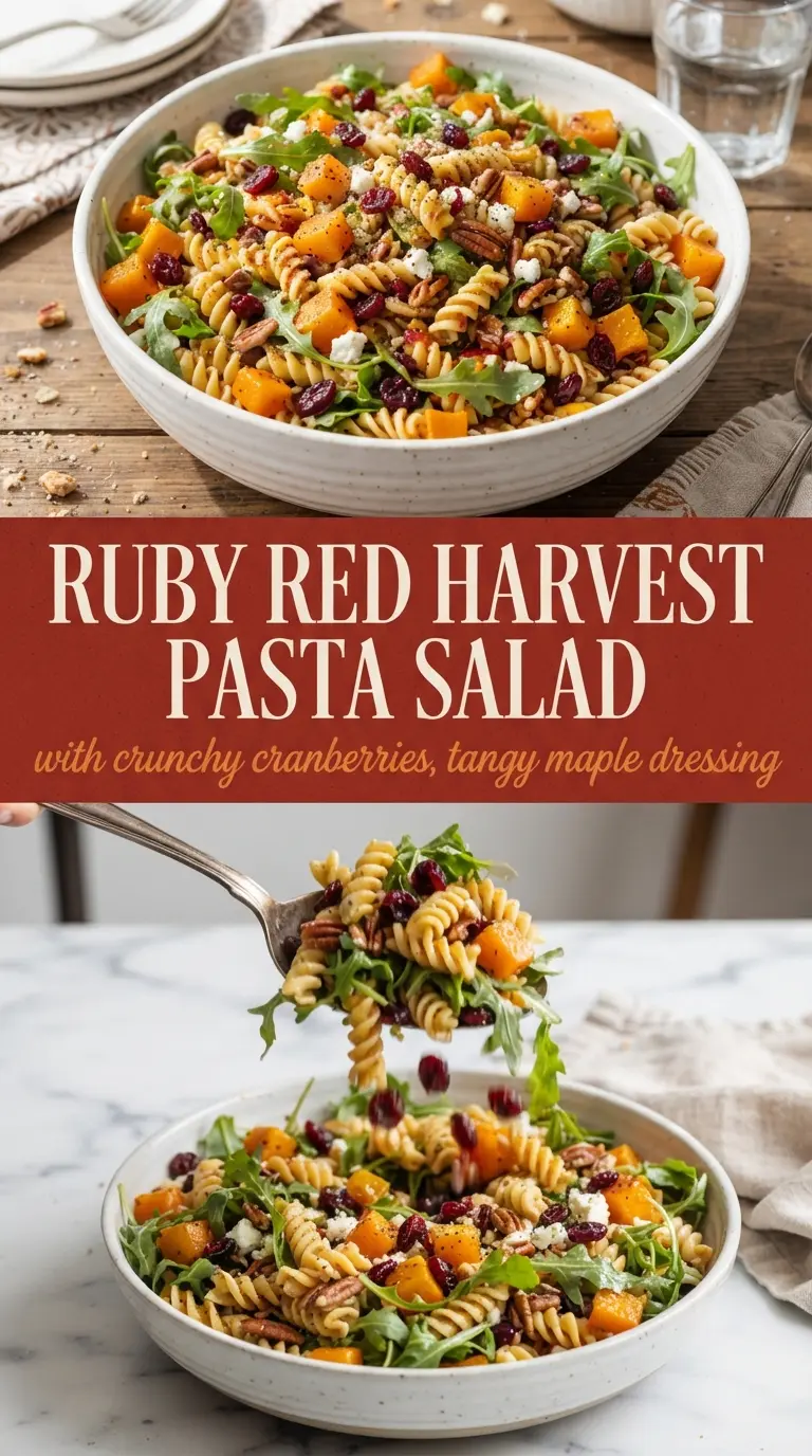 Fall Harvest Pasta Salad with roasted squash, maple dressing, and crisp apples