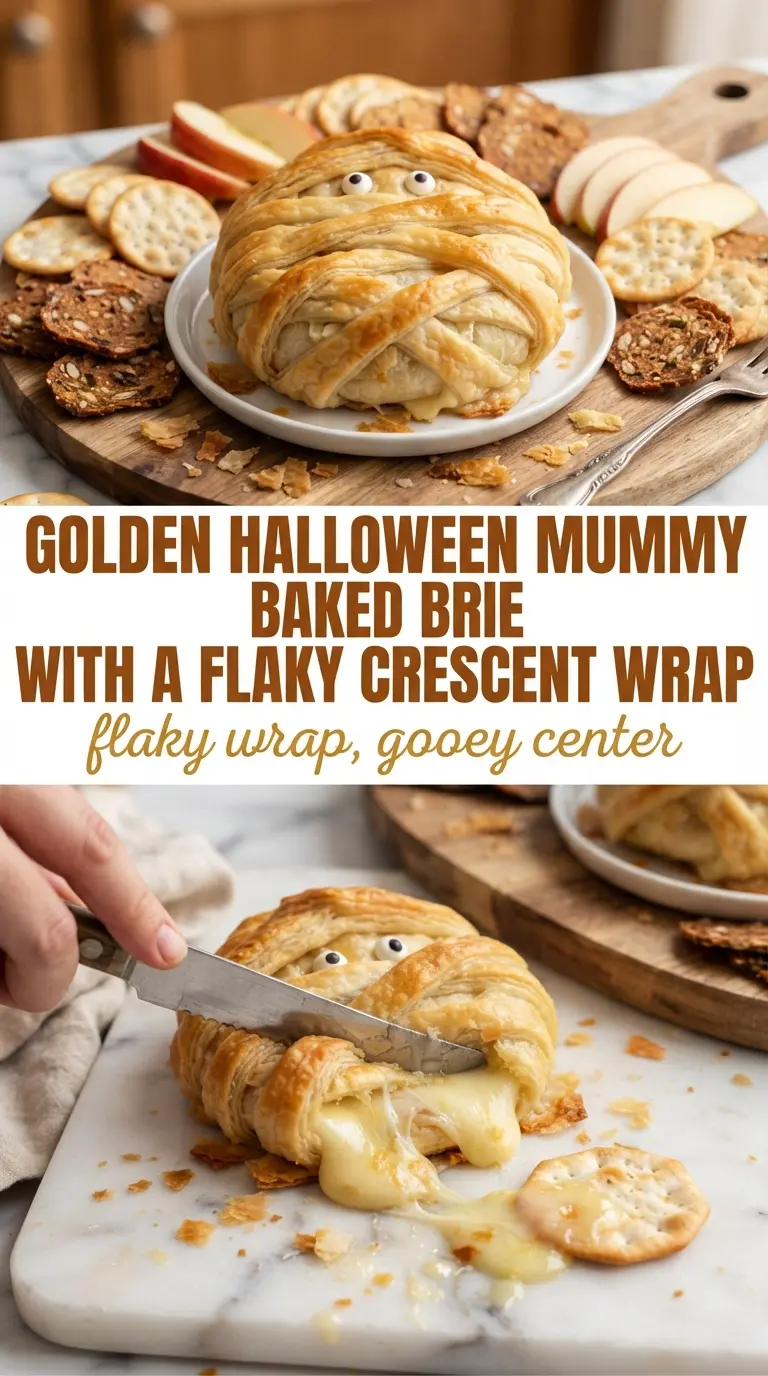 Halloween Mummy Baked Brie, spooky, flaky, golden