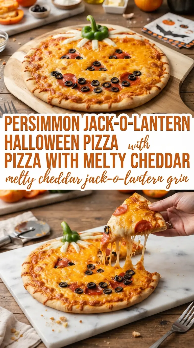 Jack-O-Lantern Halloween Pizza with melty cheddar, pepperoni, spooky face