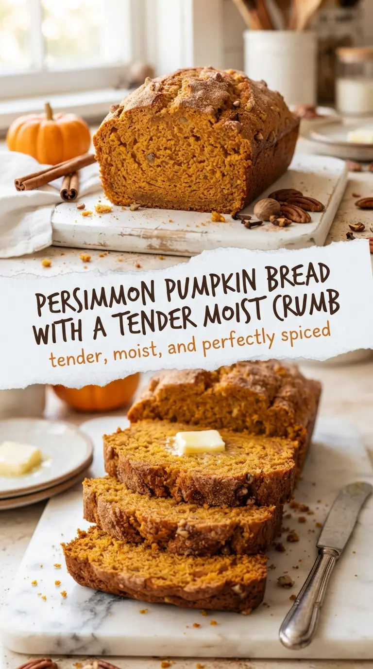 Moist pumpkin bread, tender crumb, warm spices
