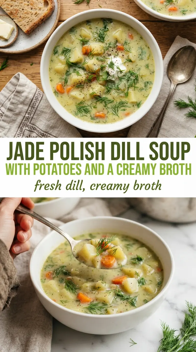 Polish dill soup with potatoes, creamy, herb-forward