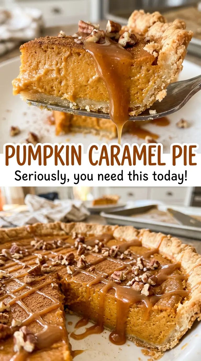 Pumpkin Caramel Pie with glossy caramel drizzle