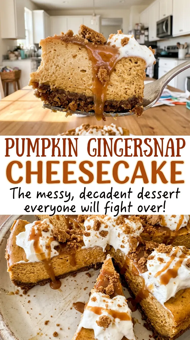 Pumpkin Gingersnap Cheesecake with creamy filling and crumb crust