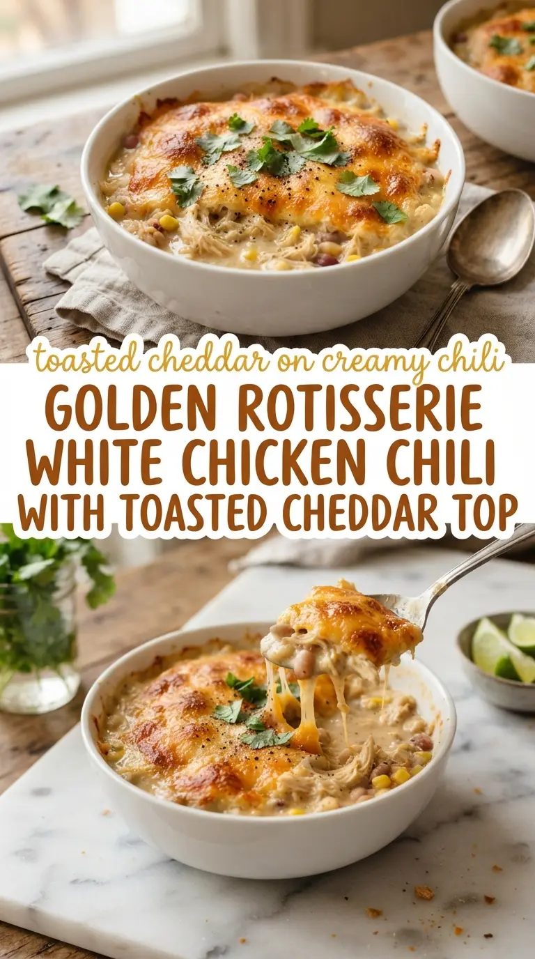 Rotisserie white chicken chili creamy broiled cheddar