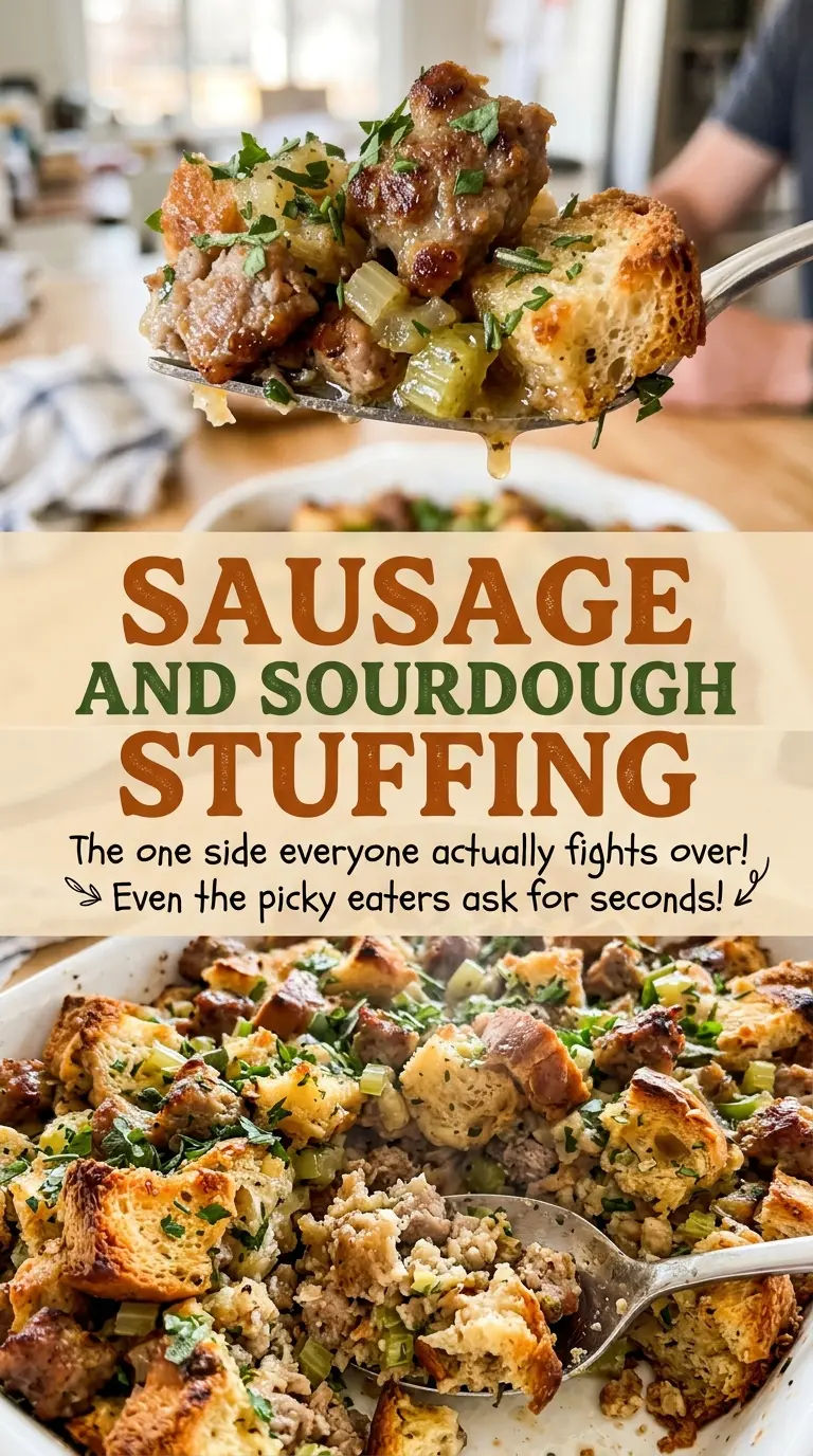 Sausage and sourdough stuffing baked golden